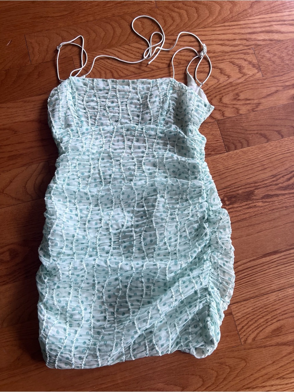 For Love & Lemons Mint Green Textured Ruched Mini Dress